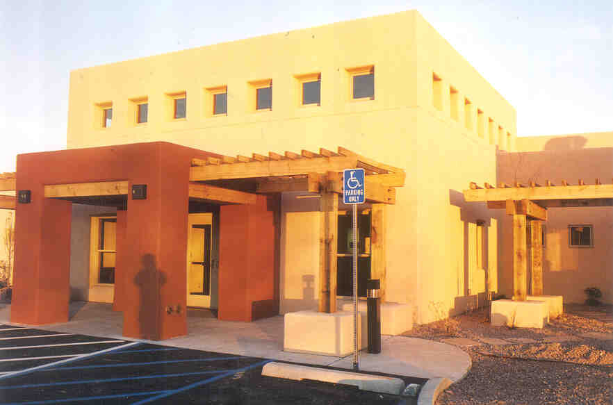 lobby with trellises and high windows